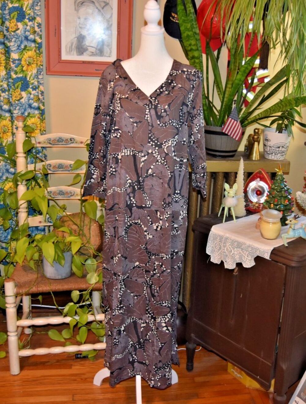 Tanavana 100% Cotton Hand Crafted Geometric Print Maxi Dress Gray Size Large